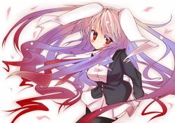  animal_ears black_legwear blazer blush bunny_ears gamuo long_hair purple_hair red_eyes reisen_udongein_inaba solo thighhighs touhou very_long_hair 