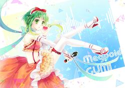  1girl :o garters green_eyes green_hair gumi headdress heart high_heels microphone momoko_(momoko14) navel shoes thigh-highs vocaloid white_legwear 