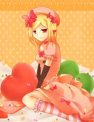  blonde_hair bowtie candy elbow_gloves fuji_meno gloves hat heart lambdadelta polka_dot red_eyes ribbon smile solo striped striped_legwear umineko_no_naku_koro_ni 