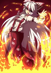  fire fujiwara_no_mokou gamuo hair_ribbon long_hair red_eyes ribbon solo touhou very_long_hair white_legwear 