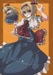  alice_margatroid blonde_hair blue_eyes gamuo hair_ribbon hairband panties polearm ribbon shanghai_doll solo spear striped striped_panties touhou underwear weapon 