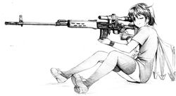  1girl asymmetrical_wings black_hair black_legwear byeontae_jagga dragunov_svd dress graphite_(medium) gun highres houjuu_nue rifle sitting sketch smile sniper_rifle solo thigh-highs touhou traditional_media weapon wings wink 