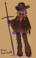  boots braid claymore_(sword) cowboy_hat fingerless_gloves full_body garter_straps gloves green_eyes hat highres light_smile nagisa_kurousagi no_bra original pixiv_fantasia pixiv_fantasia_5 planted_sword planted_weapon poncho simple_background solo sword thigh-highs thighhighs twin_braids twintails weapon western zweihander 