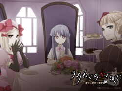  blonde_hair blue_hair company_connection creator_connection crossover drinking flower food furude_rika gloves highres higurashi_no_naku_koro_ni lambdadelta long_hair rose tea umineko_no_naku_koro_ni 