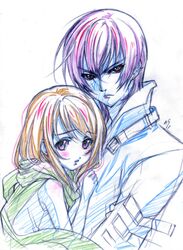  belt blush brown_hair color_trace colored_pencil_(medium) hand_on_another's_chest hand_on_chest hug kijima_naito kijima_night lau_fei_tsui lau_fei_zhui looking_at_viewer multiple_boys nishida_asako purple_hair sacred_seven scarf simple_background sketch traditional_media 