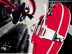  city guitar instrument long_hair possible_duplicate purple_hair red_eyes scarf stockings vector watermark yarisakura_hime yozakura_quartet 
