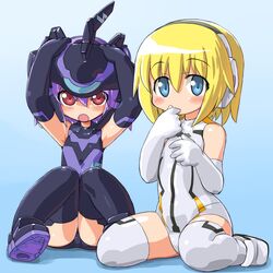  blonde_hair blue_eyes blush busou_shinki dd_(artist) elbow_gloves gloves hat headphones leotard purple_hair red_eyes short_hair sitting tempesta thigh-highs thighhighs zilvern 