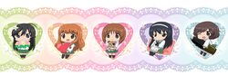  5girls akiyama_yukari book brown_eyes brown_hair chibi flower girls_und_panzer hairband heart isuzu_hana long_hair multiple_girls nekoashi_tororo nishizumi_miho reading reizei_mako short_hair sitting stuffed_animal stuffed_toy takebe_saori tank_shell teddy_bear thigh-highs wink 