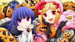  :d blonde_hair blue_eyes blue_hair candy cat_tail chin_rest elbow_gloves fang frederica_bernkastel frills gloves hair_ribbon hat lambdadelta lollipop long_hair mouth_hold multiple_girls nakamorikazusa open_mouth pillow pumpkin red_eyes ribbon smile tail tail_ribbon umineko_no_naku_koro_ni 