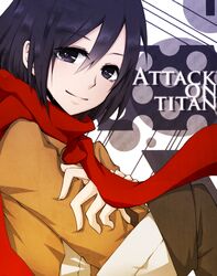  black_eyes black_hair boots jacket mikasa_ackerman scarf shingeki_no_kyojin short_hair smile tears yoshikis 