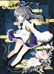  armpits bad_id bare_legs bare_shoulders blue_eyes detached_sleeves egasumi etou_(cherry7) flower grey_hair hat highres japanese_clothes kariginu mononobe_no_futo no_bra ponytail ribbon smile solo tate_eboshi touhou 