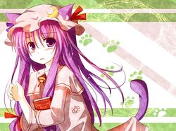  animal_ears blush book cat_ears cat_tail crescent hat kemonomimi_mode long_hair mashayuki patchouli_knowledge purple_eyes purple_hair solo tail touhou violet_eyes 