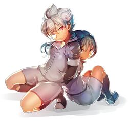  2boys a_k_o back-to-back blue_hair hair_ornament hakuryuu_(inazuma_eleven) inazuma_eleven_(series) inazuma_eleven_go long_hair male multicolored_hair multiple_boys red_eyes short_hair shuu_(inazuma_eleven) two-tone_hair white_background white_hair 