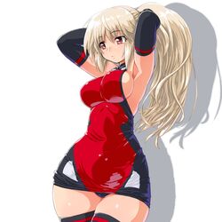  arms_up arnval blonde_hair breasts brown_eyes busou_shinki dd_(artist) elbow_gloves gloves long_hair ponytail red_eyes sideboob solo thigh-highs thighhighs thighs zettai_ryouiki 