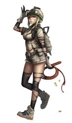 backpack bag bandaid belt black_legwear boots character_request coin copyright_request cutoffs flashlight gloves goggles green_hair helmet highres lapucelle_(arasoo1210) lapucelle_(artist) looking_at_viewer midriff payot randoseru shirt short_hair short_shorts shorts simple_background solo standing thigh-highs thighhighs torn_thighhighs weapon whip white_background yellow_eyes 