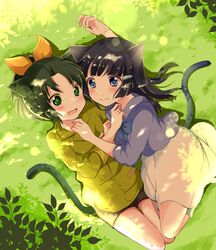  2girls animal_ears aoki_reika blue_eyes blue_hair blush cat_ears cat_tail dress grass green_eyes green_hair gumichoco kemonomimi_mode long_hair lying midorikawa_nao multiple_girls precure shirt shorts smile smile_precure! tail 