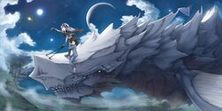  abubu black_hair dragon glasses highres long_hair moon silver_hair 