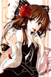  alternate_color brown_eyes brown_hair hair_ribbon hair_tubes hakurei_reimu mashayuki ribbon solo touhou 