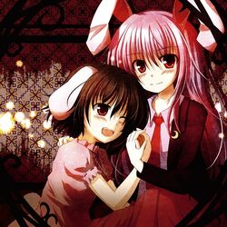  animal_ears brown_hair bunny_ears inaba_tewi long_hair mashayuki multiple_girls purple_hair red_eyes reisen_udongein_inaba reiuji_utsuho touhou 