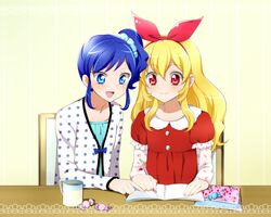  2girls aikatsu! blonde_hair blue_eyes blue_hair candy chair cup headband hoshimiya_ichigo kagami_chihiro kiriya_aoi long_hair multiple_girls night_clothes notebook red_eyes side_ponytail sitting smile table writing 