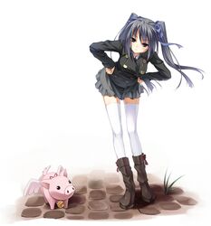  black_hair blush edy_nelson hair_ribbon hands_on_hips hans leaning_forward legs long_hair military military_uniform pig ribbon senji_(artist) senji_(tegone_spike) senjou_no_valkyria skirt thigh-highs thighhighs twintails uniform white_legwear white_thighhighs wind zettai_ryouiki 