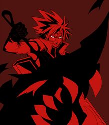  1boy belt blazblue gloves green_eyes heterochromia highres jacket male monochrome ragna_the_bloodedge red red_eyes solo sword weapon 