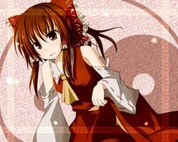  brown_eyes brown_hair detached_sleeves hair_ribbon hair_tubes hakurei_reimu mashayuki miko ribbon solo touhou 