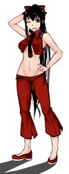 1girl alternate_costume aoshima bare_shoulders black_eyes black_hair contemporary hair_ribbon hakurei_reimu highres long_hair mound_of_venus navel ribbon solo touhou very_long_hair 