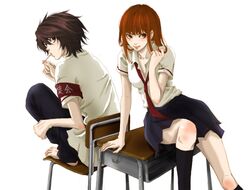  barefoot black_eyes black_hair brown_eyes brown_hair candy chair death_note desk earrings footwear genderswap hand_in_hair jewelry kneehighs l lollipop long_hair necktie orange_hair school_uniform schoolgirl schoolgirl_uniform seifuku serafuku sitting smile socks uniform yagami_light 