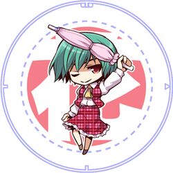  ascot chibi closed_umbrella dress frills green_hair kazami_yuuka lowres red_eyes smile solo touhou umbrella urara_(ckt) wink youkai 