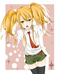  bad_id black_legwear black_thighhighs blonde_hair blush green_eyes long_hair male necktie open_mouth original oriiii shorts solo thigh-highs thigh_gap thighhighs thighs trap tsundere twintails zettai_ryouiki 
