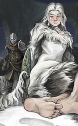  1boy 1girl barefoot blush choker dagger dark_souls dress embarrassed eyebrows fur fur_trim giantess highres knight long_hair monster_girl priscilla_the_crossbreed scarf shield slit_pupils soles thick_eyebrows weapon white_dress white_hair yellow_eyes zealk 