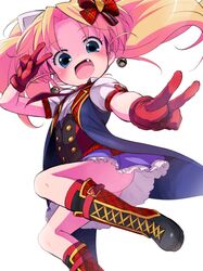  1girl :d blonde_hair blue_eyes boots fang gloves hair_ribbon heart highres jewelpet_(series) jewelpet_tinkle long_hair looking_at_viewer miria_marigold_mackenzie necktie nyama open_mouth ribbon simple_background skirt smile solo twintails v 
