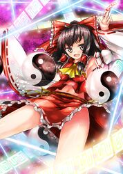  90i ascot brown_eyes detached_sleeves gohei hair_ribbon hair_tubes hakurei_reimu long_hair miko ribbon solo touhou yin_yang 