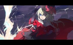  bare_shoulders blonde_hair blue_eyes bow dress dungeon_and_fighter elbow_gloves gloves hand_on_hip hat hat_bow hips k_(li) lightning long_hair mage_(dungeon_and_fighter) pointy_ears solo storm wink 