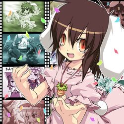  animal_ears bow brown_hair bunny_ears bunny_tail carrot crazy_eyes detached_sleeves dress fang flandre_scarlet flat_gaze fujiwara_no_mokou full_moon grin hair_bow hair_tubes hakurei_reimu hat highres horn_ribbon horns ibuki_suika inaba_tewi jewelry kamishirasawa_keine miko moon multiple_girls necklace noya noya_makoto open_mouth pants pink_dress red_eyes reisen_udongein_inaba ribbon shirt skirt smile suspenders tail touhou wings yakumo_yukari 