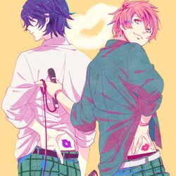  blue_eyes blue_hair cable cord ichinose_tokiya ittoki_otoya lipstick makeup microphone multiple_boys red_eyes red_hair redhead school_uniform short_hair shuri_(84k) uta_no_prince-sama 