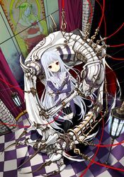  black_thighhighs blouse blue_hair bow checkered checkered_floor claw_(weapon) claws doll high_res highres kooten_bergh_no_youhei lamp long_hair mecha pixiv pixiv_fantasia pixiv_fantasia_5 puppet puppetmaster red_eyes ribbon shirt skirt stained_glass string thigh-highs thighhighs very_long_hair weapon white_hair wires zettai_ryouiki 