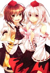  ascot ayarin103 blush brown_eyes brown_hair detached_sleeves hand_on_shoulder hat inubashiri_momiji multiple_girls open_mouth pointing red_eyes shameimaru_aya shirt short_hair silver_hair skirt tokin_hat touhou 