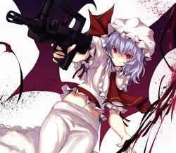  asagi_shii ascot assault_rifle bat_wings blue_hair bullpup famas foreshortening gun hat midriff navel pants red_eyes remilia_scarlet rifle short_hair skirt smile solo spear_the_gungnir touhou weapon wings 