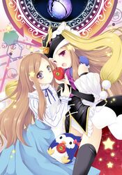  animal_hat apple bird black_legwear brown_hair dress dual_persona food fruit hat long_hair mawaru_penguindrum multiple_girls natsume_eri open_mouth penguin penguin_3-gou pink_eyes princess_of_the_crystal purple_eyes star takakura_himari thigh-highs thighhighs violet_eyes 