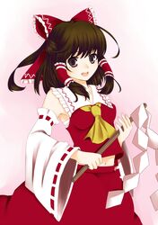  ascot bare_shoulders bow brown_hair detached_sleeves gohei hair_bow hair_tubes hakurei_reimu miko open_mouth red_eyes short_hair solo stkm98 touhou 