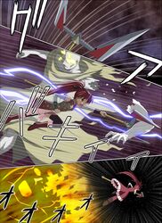  comic demon_(madoka_magica) gundam gundam_00 hair_bow magical_girl mahou_shoujo_madoka_magica parody polearm ponytail red_hair redhead sakura_kyouko soul_gem space spaghe spear spoilers translation_request weapon 