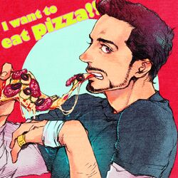  1boy avengers bandages beard black_hair cheese eating english facial_hair food marvel mustache pizza simple_background solo suzuki_tsuta tony_stark 