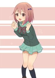  1girl black_legwear breasts brown_eyes brown_hair hataraku_maou-sama! heart large_breasts open_mouth ribbon sasaki_chiho school_uniform short_hair simple_background skirt smile solo 