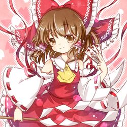  ascot bow brown_eyes brown_hair detached_sleeves gohei hair_bow hair_tubes hakurei_reimu lowres mi_hitsuji miko shirt skirt skirt_set solo spell_card touhou 