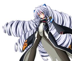  chouzetsu_yarou drill_hair flat_chest from_below kyoukai_senjou_no_horizon long_hair neito_mitotsudaira pantyhose perspective silver_hair simple_background solo very_long_hair yellow_eyes 