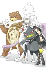  albino banette black_hair brown_eyes brown_hair choker crossover gradient_hair holding holding_poke_ball hood inoichi kinuhata_saiai kuroyoru_umidori mewtwo multicolored_hair navel poke_ball pokemon red_eyes smile sweater to_aru_majutsu_no_index ursaring white_hair zipper 