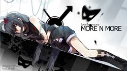  1girl bare_shoulders belt black_hair elbow_gloves fingerless_gloves gloves hair_ornament heart highres luo_tianyi lying red_eyes shorts solo vocaloid yoisy 