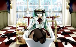  aqua_hair gun hat hatsune_miku sailor_uniform twintails uniform vocaloid weapon 